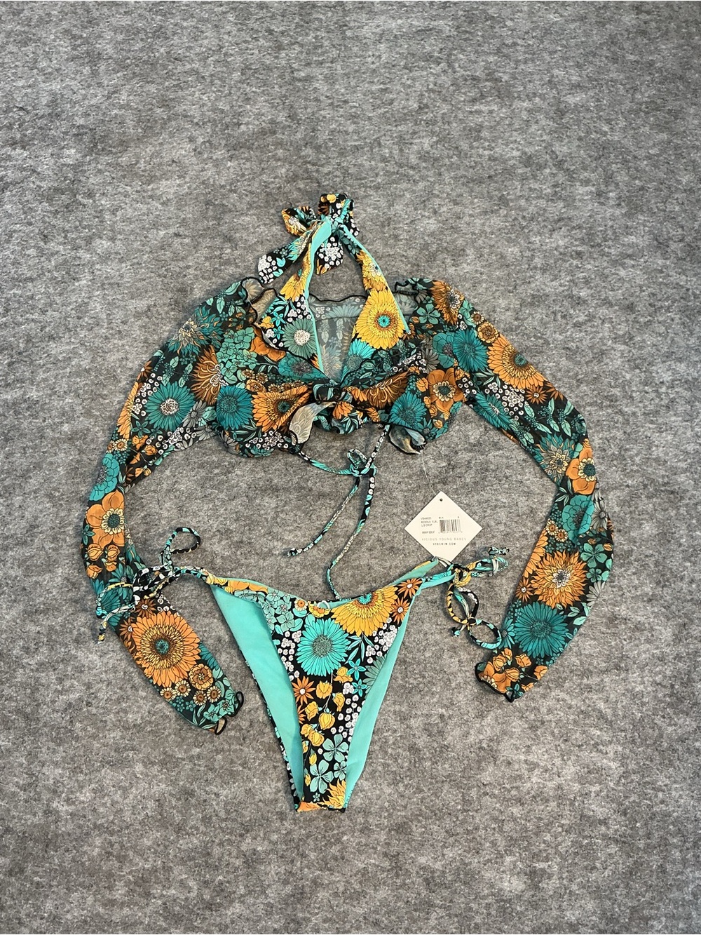 Vicious Young Babes Floral Bikini Set with Matching Tie Long Sleeve Top Size S